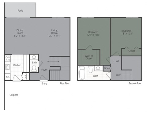 Floor plan for 2 beds, 1.5 baths, 1100 sqft